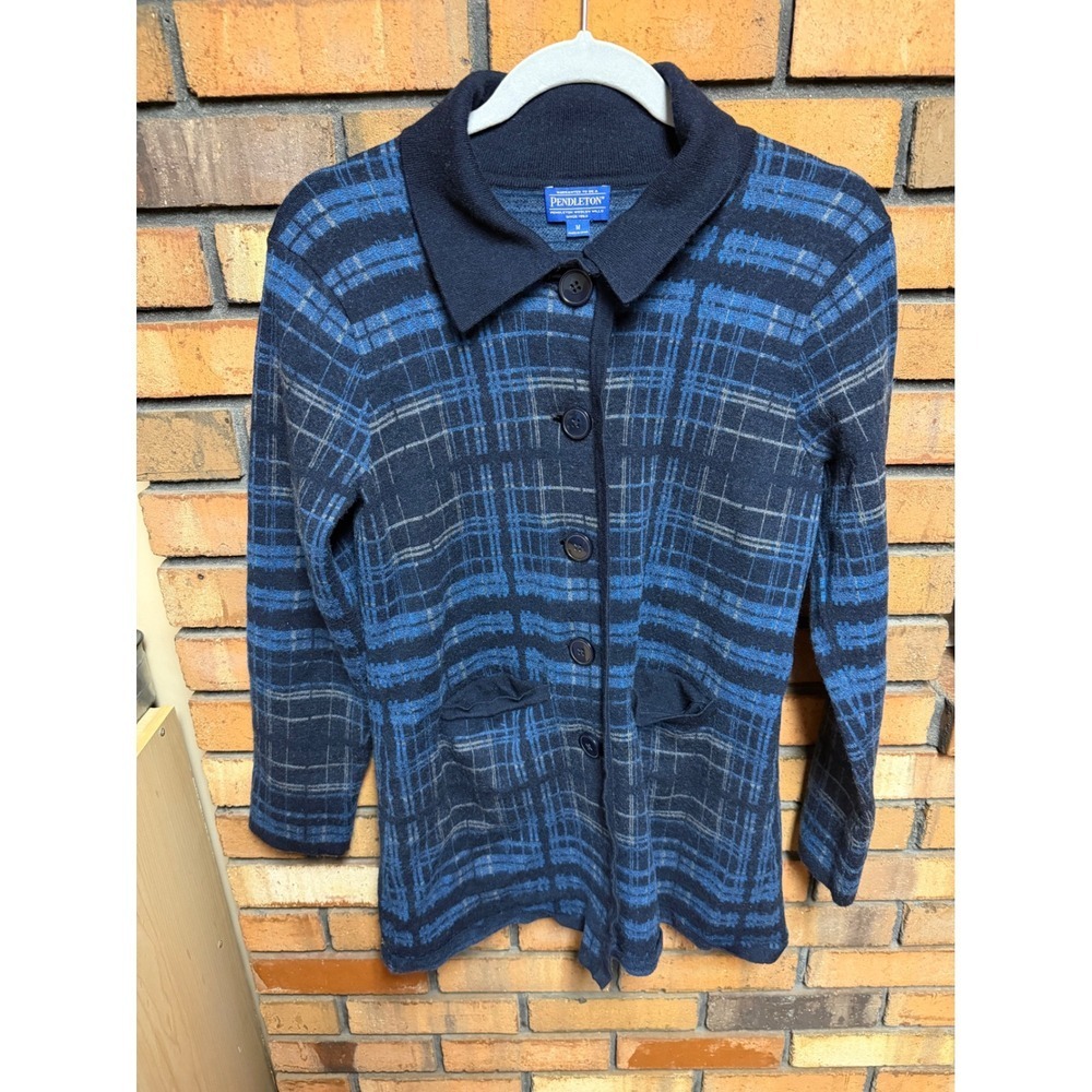 Pendleton Women's Blue Plaid 100% Merino Wool Cardigan Sweater Jacket Size M